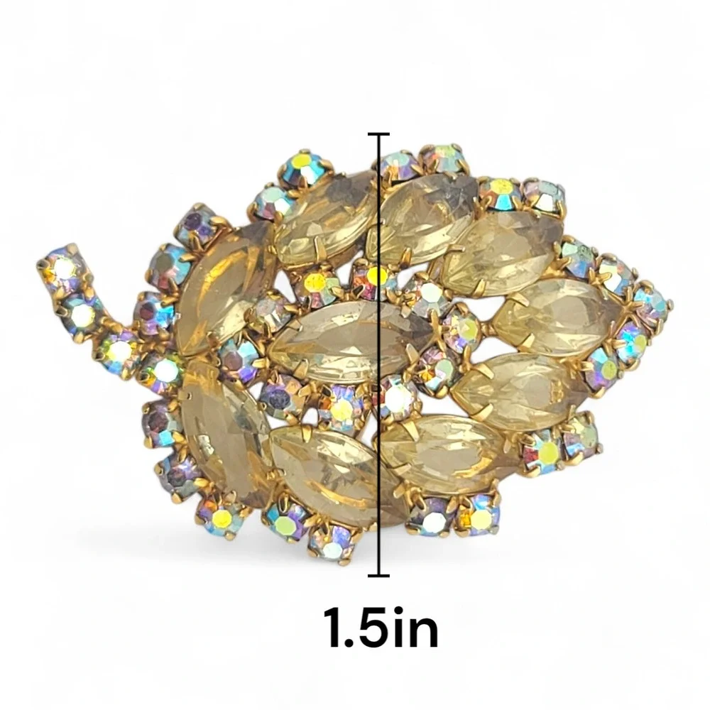 Vintage Juliana D&E Aurora Borealis Rhinestone Yellow Leaf Brooch Gold Tone